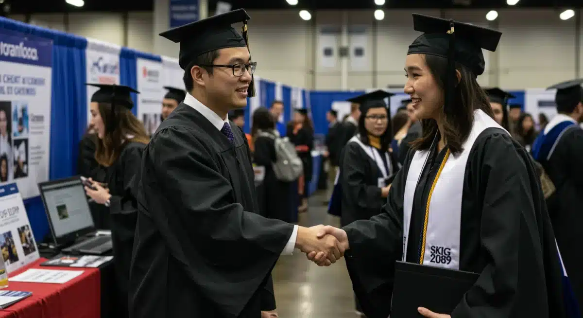 Tech graduate at a career fair, successfully networking with a recruiter for post-graduation employment.