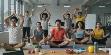 Employees engaged in diverse wellness activities, symbolizing corporate health and cost savings.