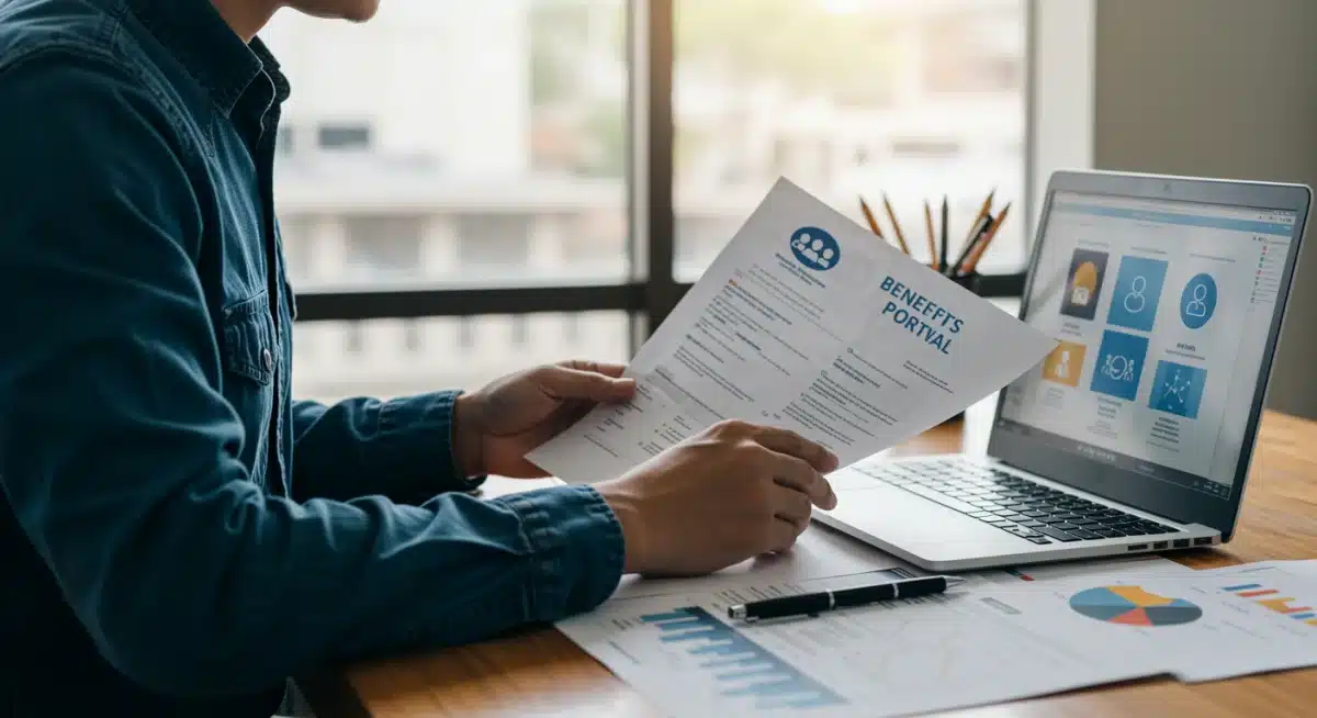 Professional reviewing HR documents for parental leave benefits.