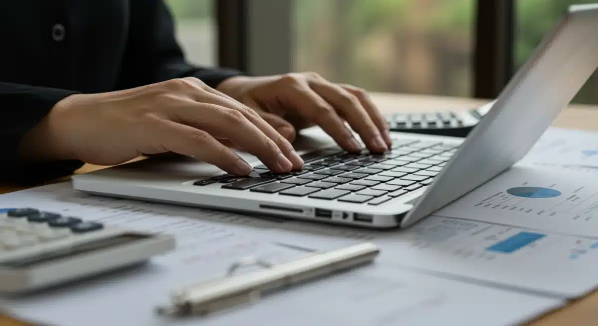 Hands typing on laptop reviewing retirement contribution documents