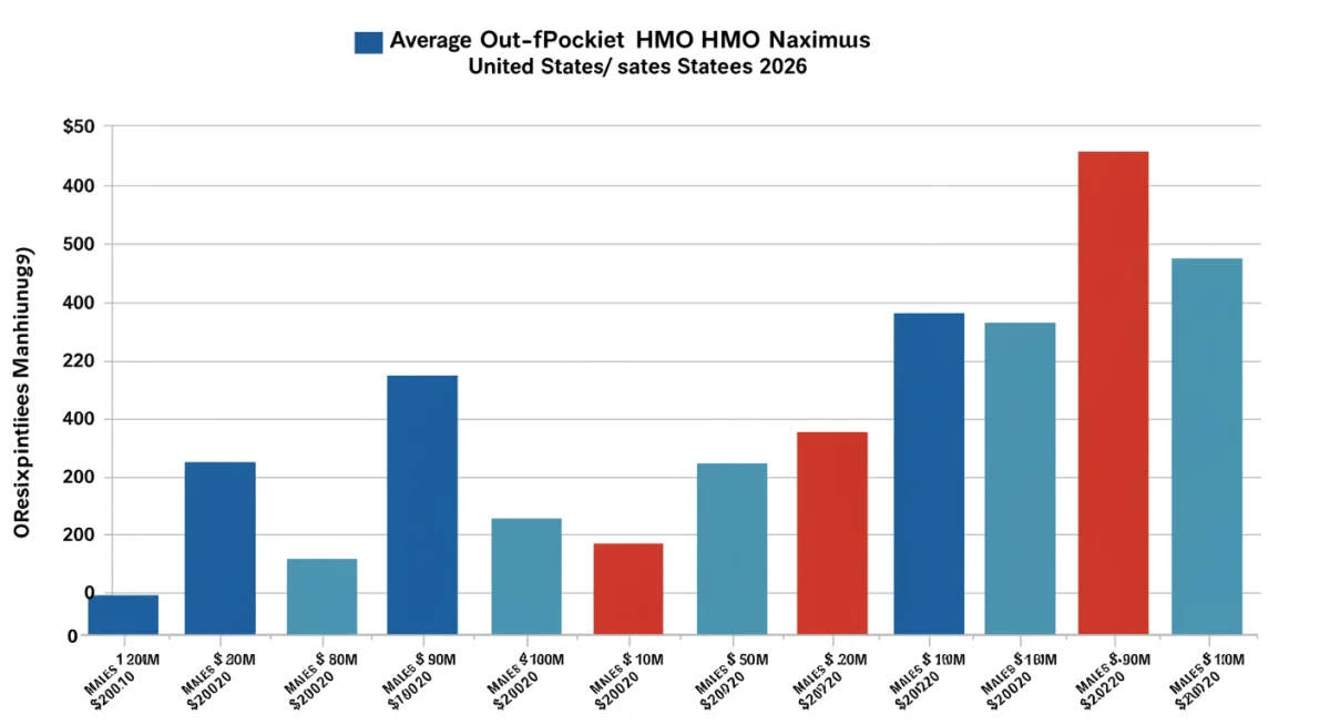 Bar chart showing PPO and HMO out-of-pocket maximums by state for 2026