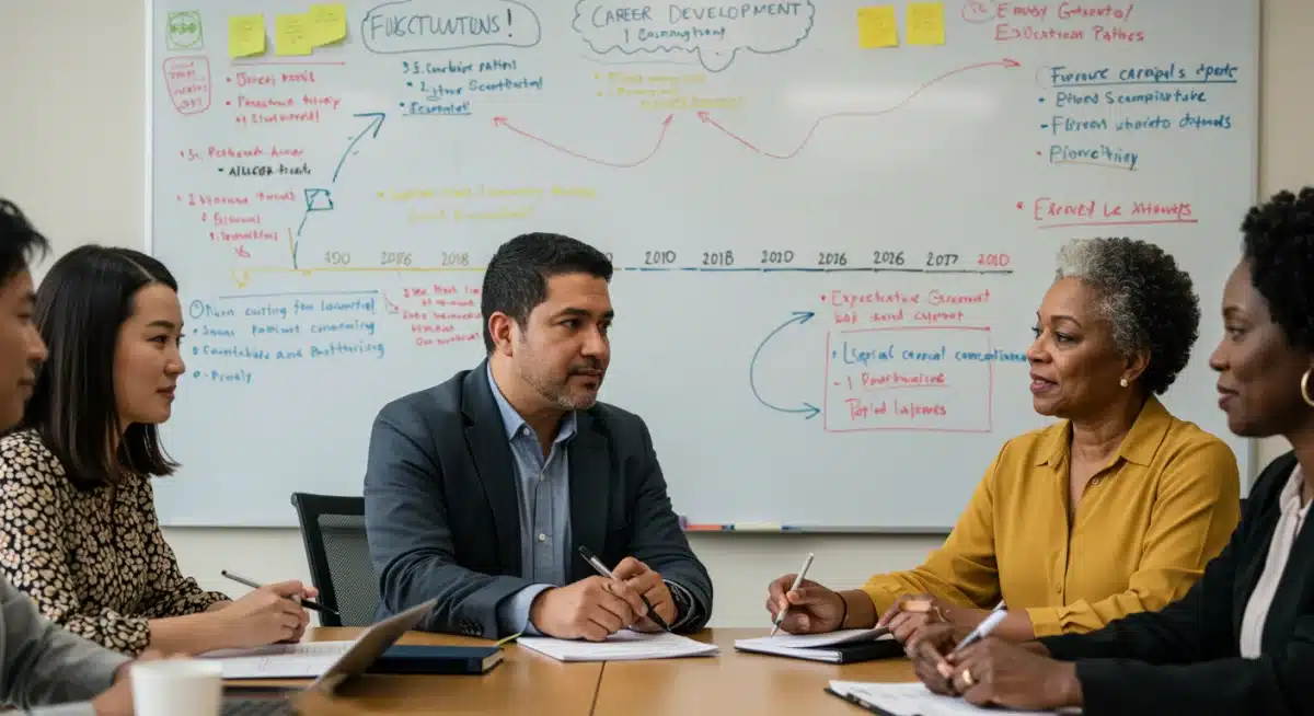 Professionals discussing career development and educational pathways.