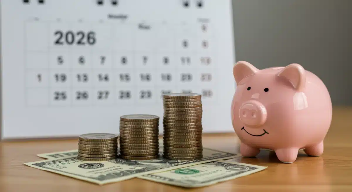 Stack of coins and dollar bills next to a piggy bank with a 2026 calendar, representing future retirement savings.