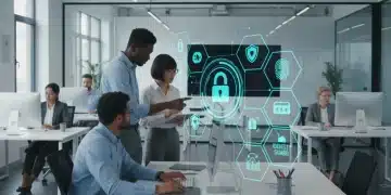 Employees discussing identity theft protection benefits in a modern office.
